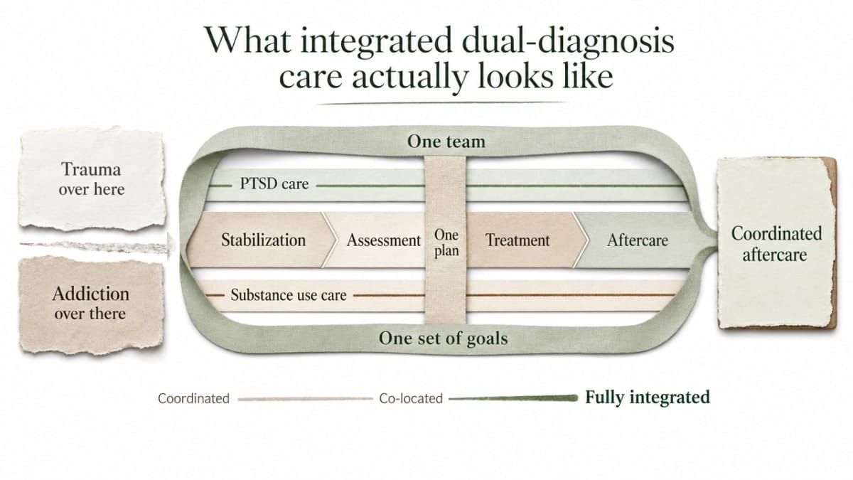 Visualize the Project Harmony 2023 finding that integrated trauma-focused therapy outperformed alternative approaches for PTSD symptoms, matching the numeric claim cited in the section