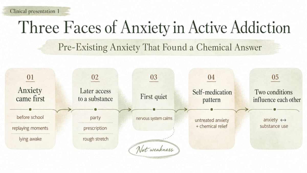Visualize the three distinct clinical presentations of anxiety in active addiction described in this section, helping readers distinguish between them