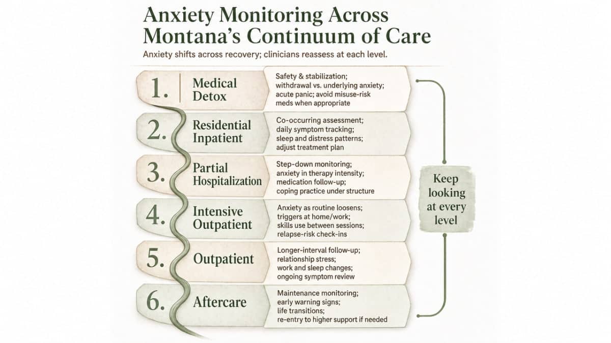 Visualize the six-level continuum of care and how anxiety monitoring evolves at each stage, directly supporting the section's operating model