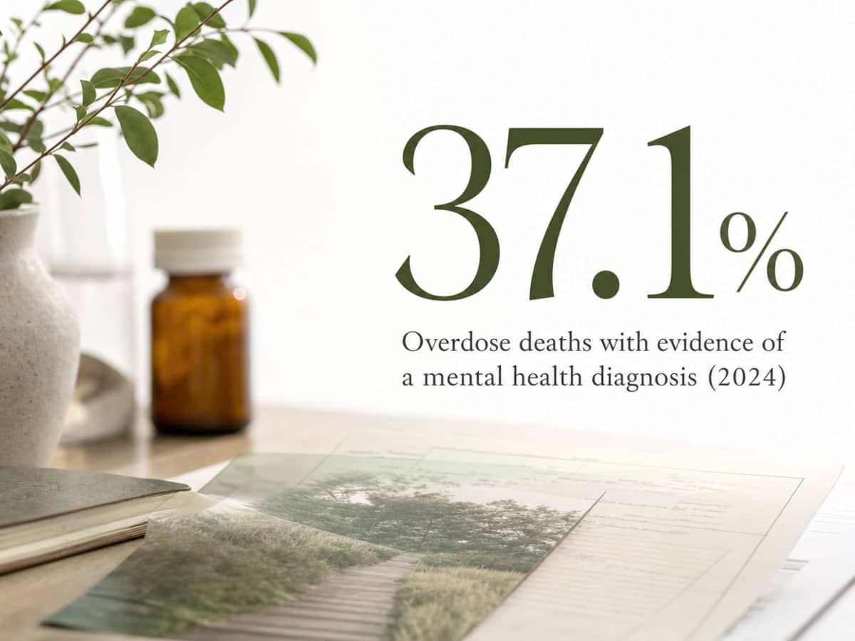 Infographic showing Overdose deaths with evidence of a mental health diagnosis (2024)