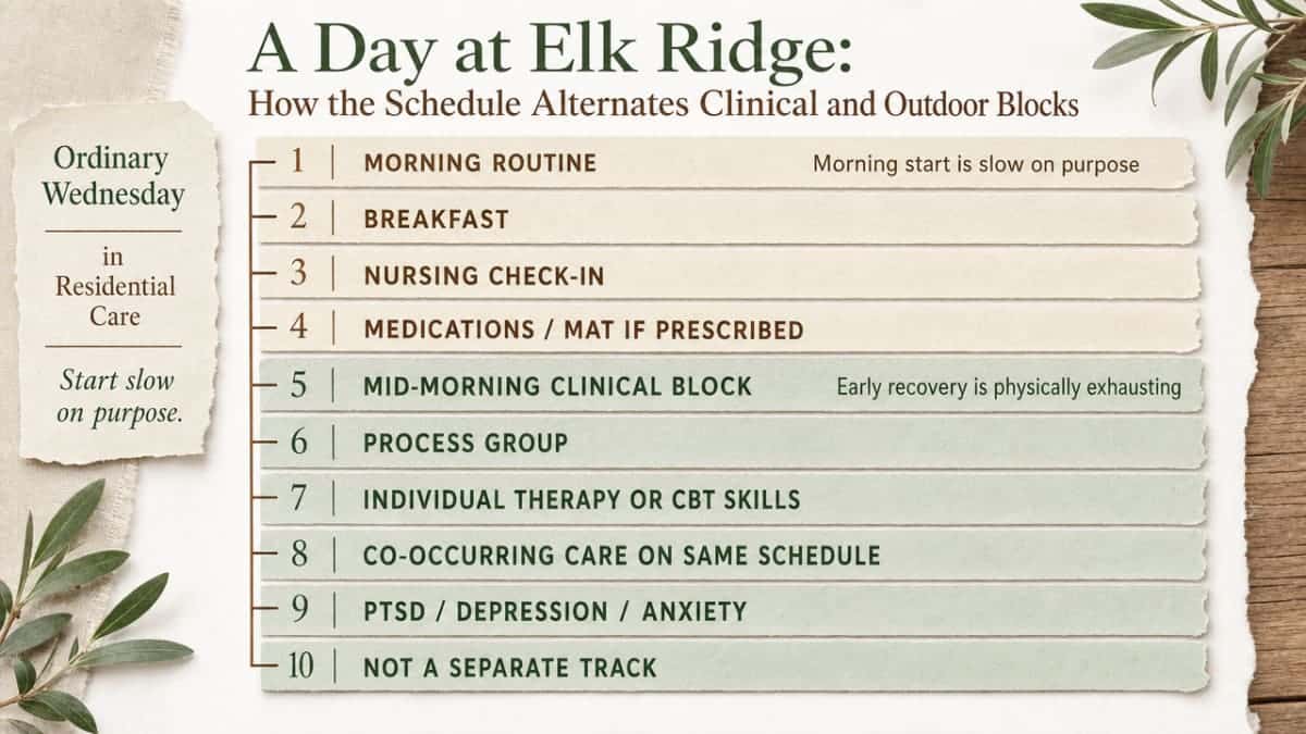 Visualize the section's described daily schedule that alternates clinical and outdoor blocks, since the section walks through a structured weekday flow