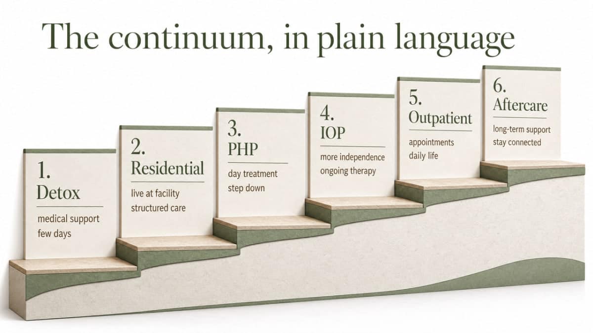 Visualize the treatment staircase described in the section (detox → residential → PHP → IOP → outpatient → aftercare) as a stepped process infographic
