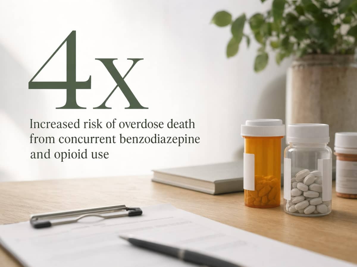 Infographic showing Increased risk of overdose death from concurrent benzodiazepine and opioid use