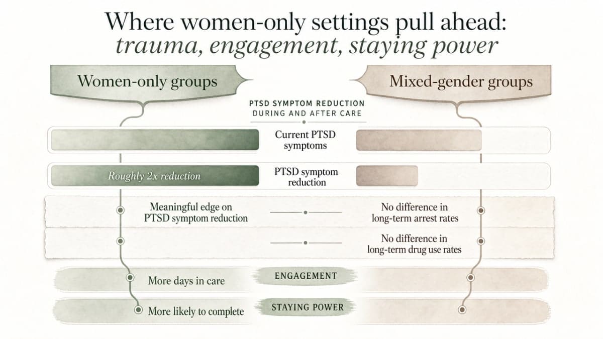 Visualize the 2x PTSD symptom reduction finding cited in this section from the randomized controlled trial comparing women-only vs mixed-gender drug court groups