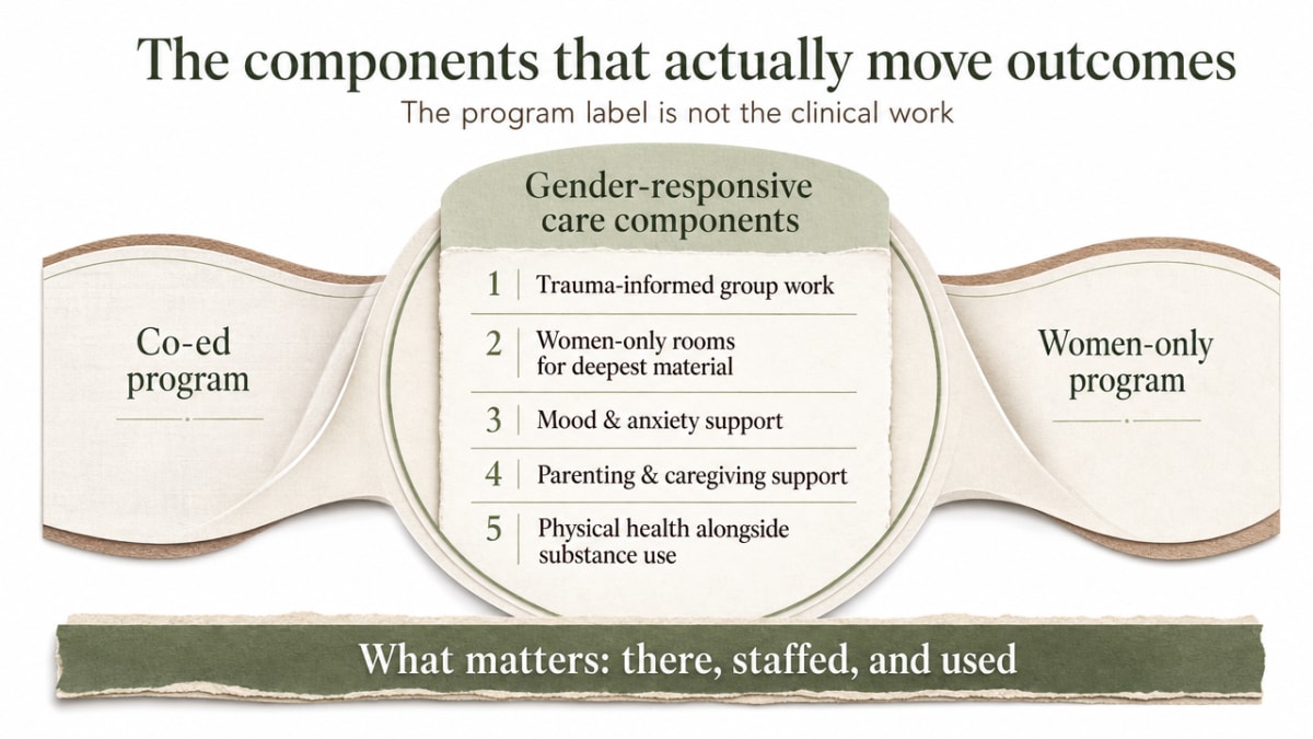 Visualize the five gender-responsive care components described in this section as a framework that can live inside either co-ed or women-only programs