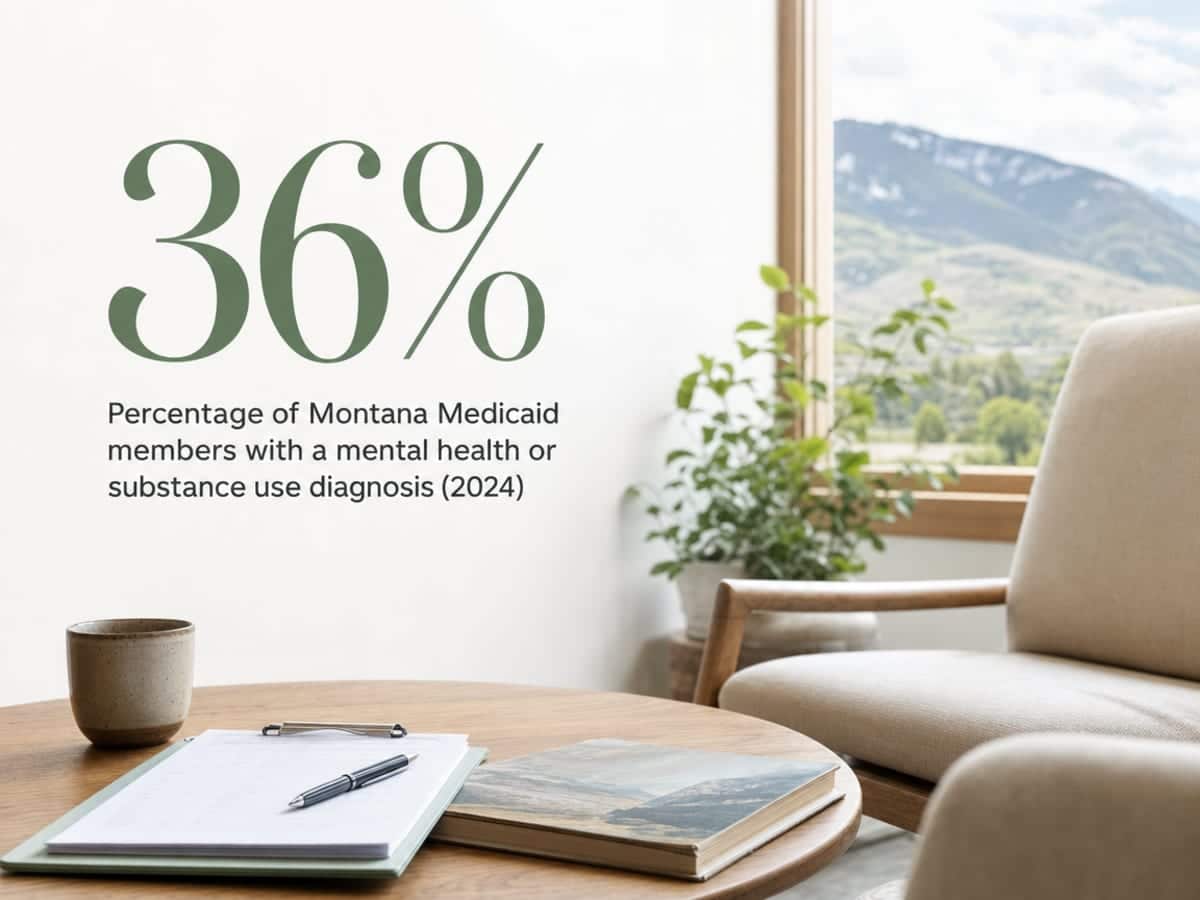 Infographic showing Percentage of Montana Medicaid members with a mental health or substance use diagnosis (2024)