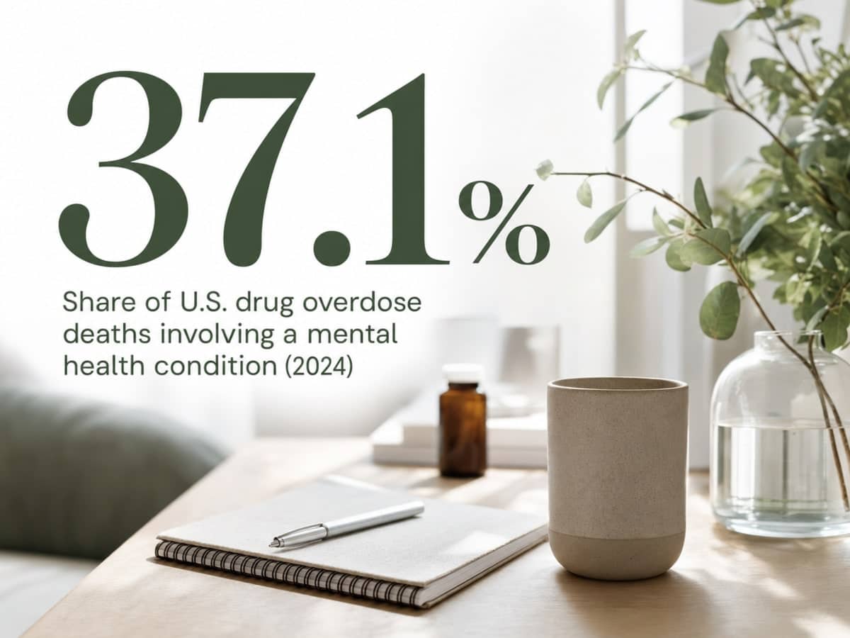 Infographic showing Share of U.S. drug overdose deaths involving a mental health condition (2024)