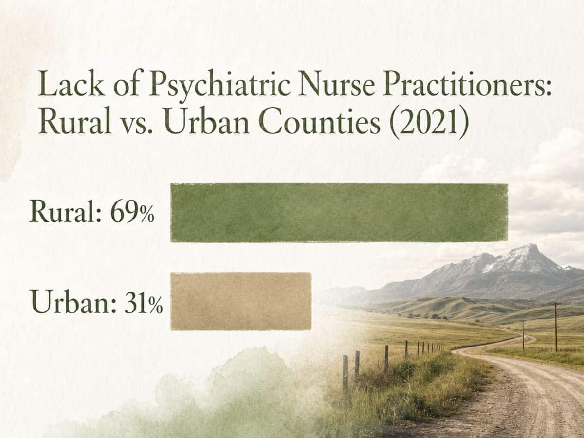 Chart showing Lack of Psychiatric Nurse Practitioners: Rural vs. Urban Counties (2021)