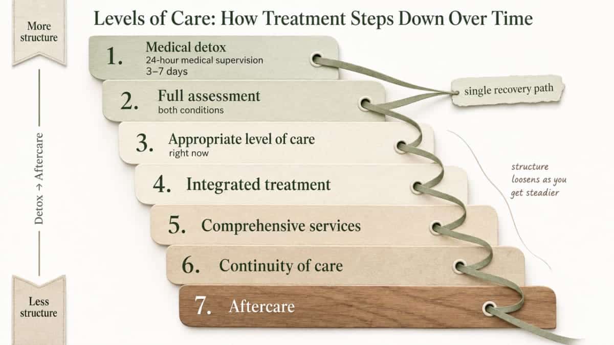 Visualize the step-down continuum of care described in the section, showing the progression from detox through aftercare with continuity of the integrated treatment plan