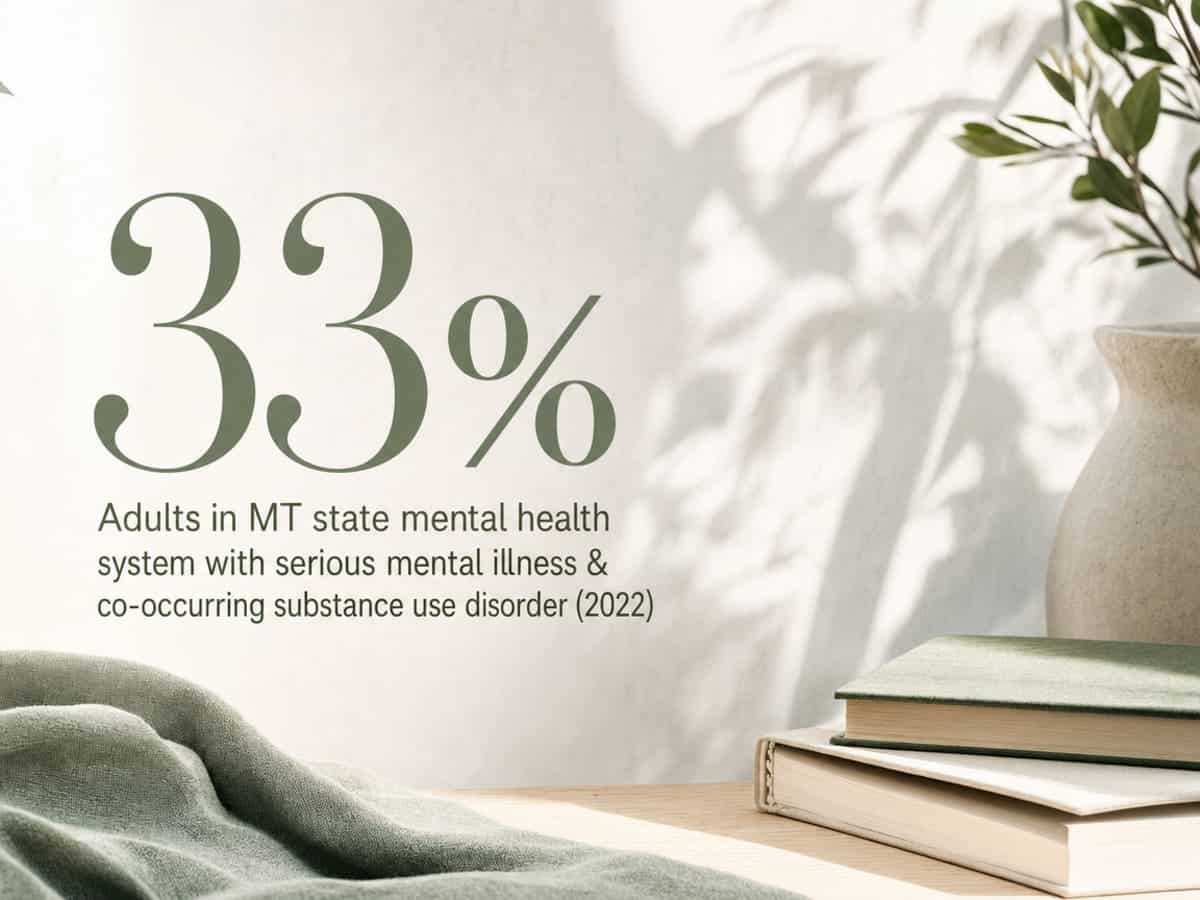 Infographic showing Adults in MT state mental health system with serious mental illness & co-occurring substance use disorder (2022)