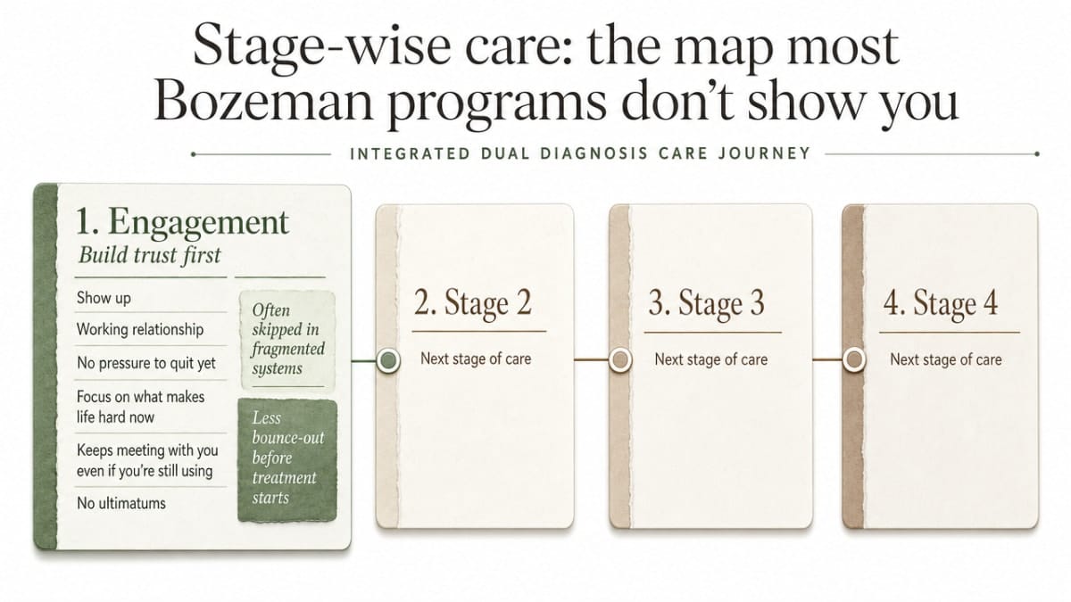 Visualize the four sequential stages of integrated dual diagnosis care described in this section, giving readers a clear map of the treatment journey