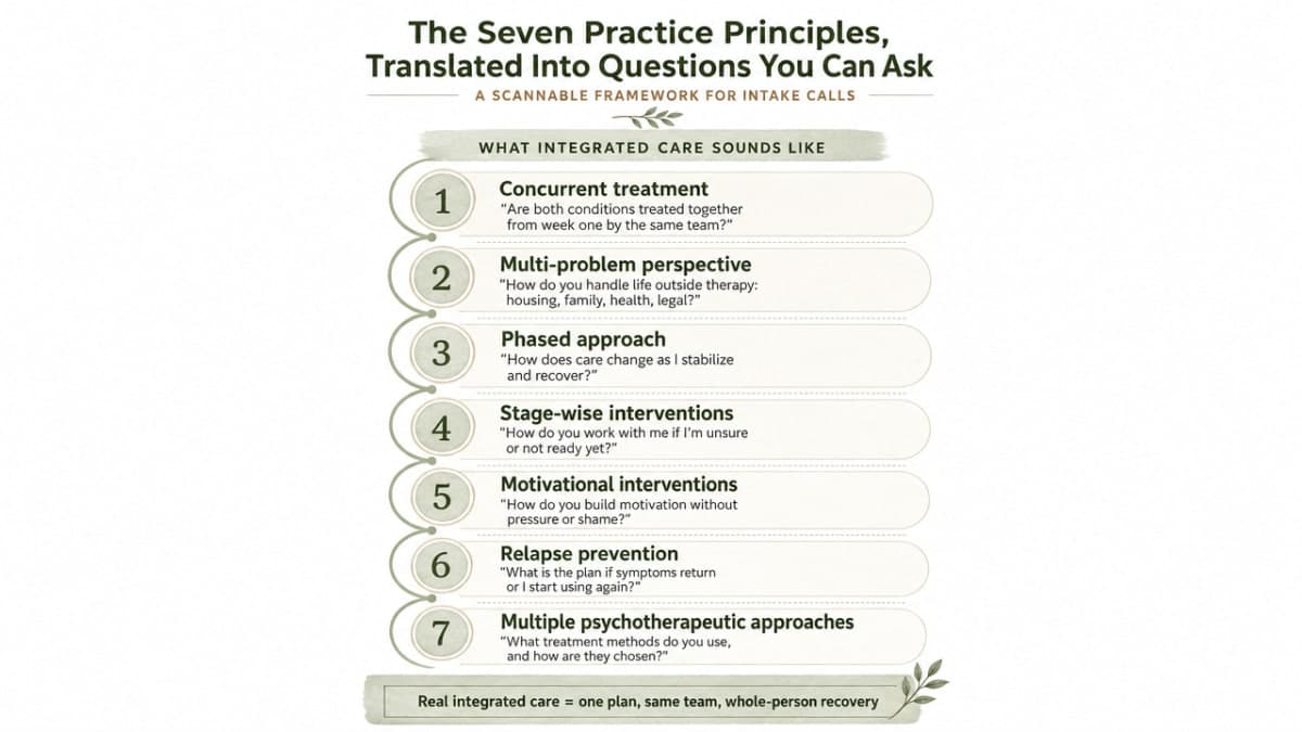 Translate the seven SAMHSA practice principles for integrated care into a scannable framework readers can bring to intake calls, directly mirroring the section's content