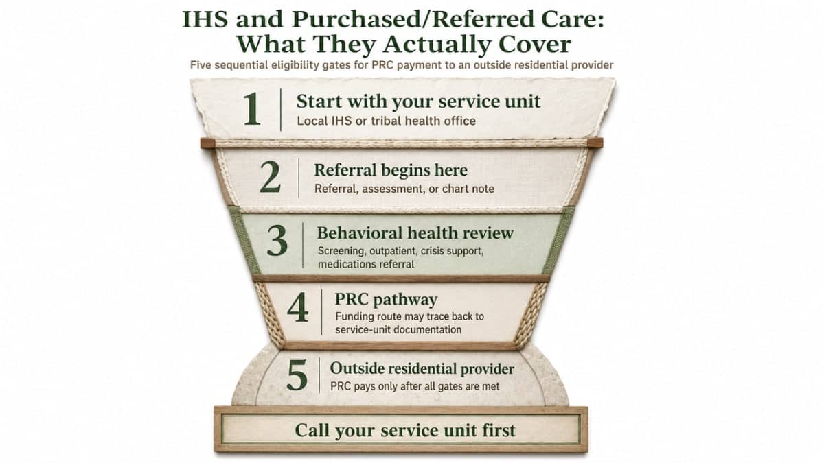 Visualize the five sequential eligibility gates that PRC funding must pass before it will pay an outside residential provider, directly supporting the section's cited criteria