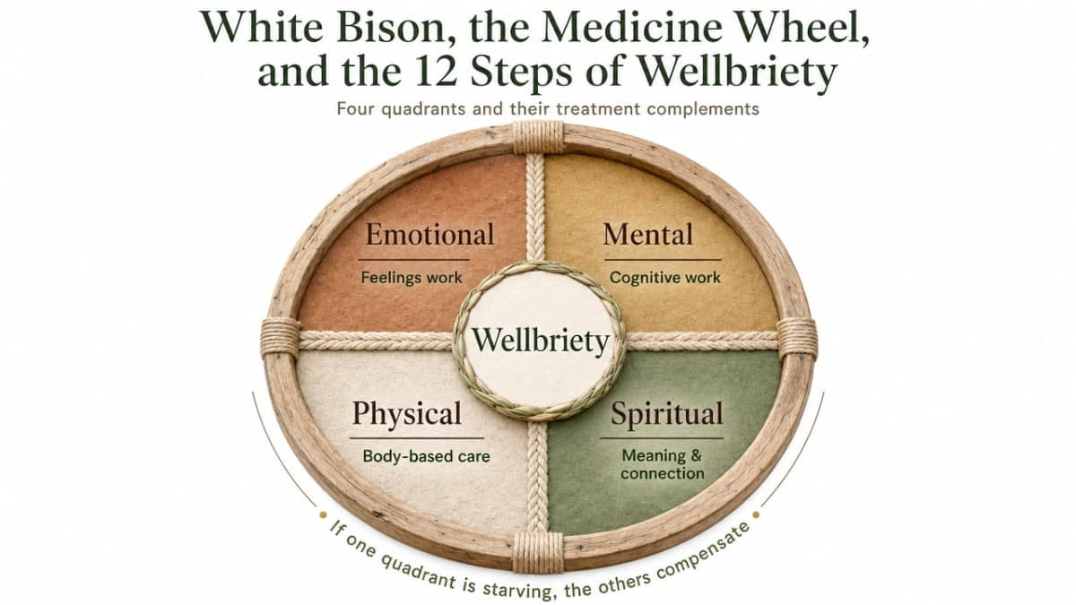 Visualize the four Medicine Wheel quadrants and the clinical partner paired with each, since the section explicitly maps emotional/mental/physical/spiritual to their treatment complements