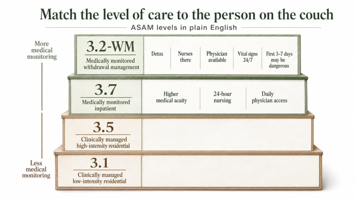 Visualize the ASAM level-of-care ladder explained in this section, translating the numbered levels into a clear reference the reader can use during intake calls
