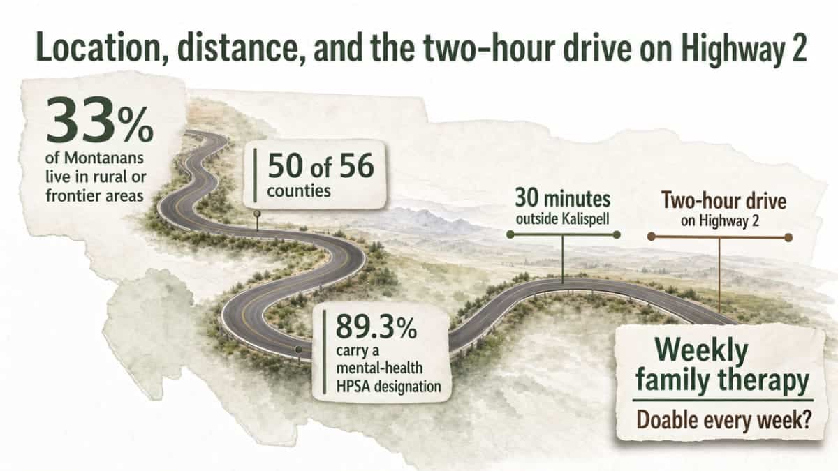 Reinforce the section's cited geographic access challenge with a clear visual of the two key Montana access statistics referenced directly in the surrounding prose
