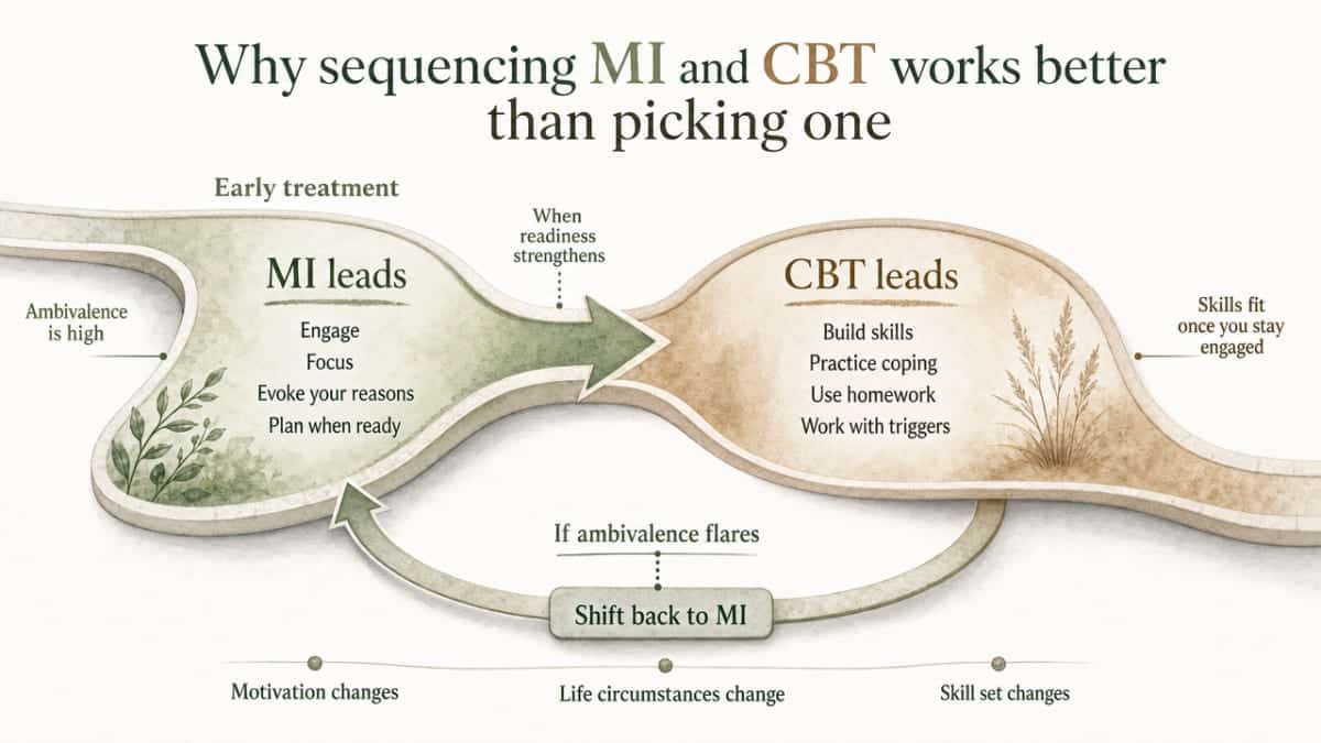 Visualize the section's described sequencing model showing when MI leads, when CBT leads, and when clinicians shift back to MI as ambivalence flares — directly supports the section's operational point