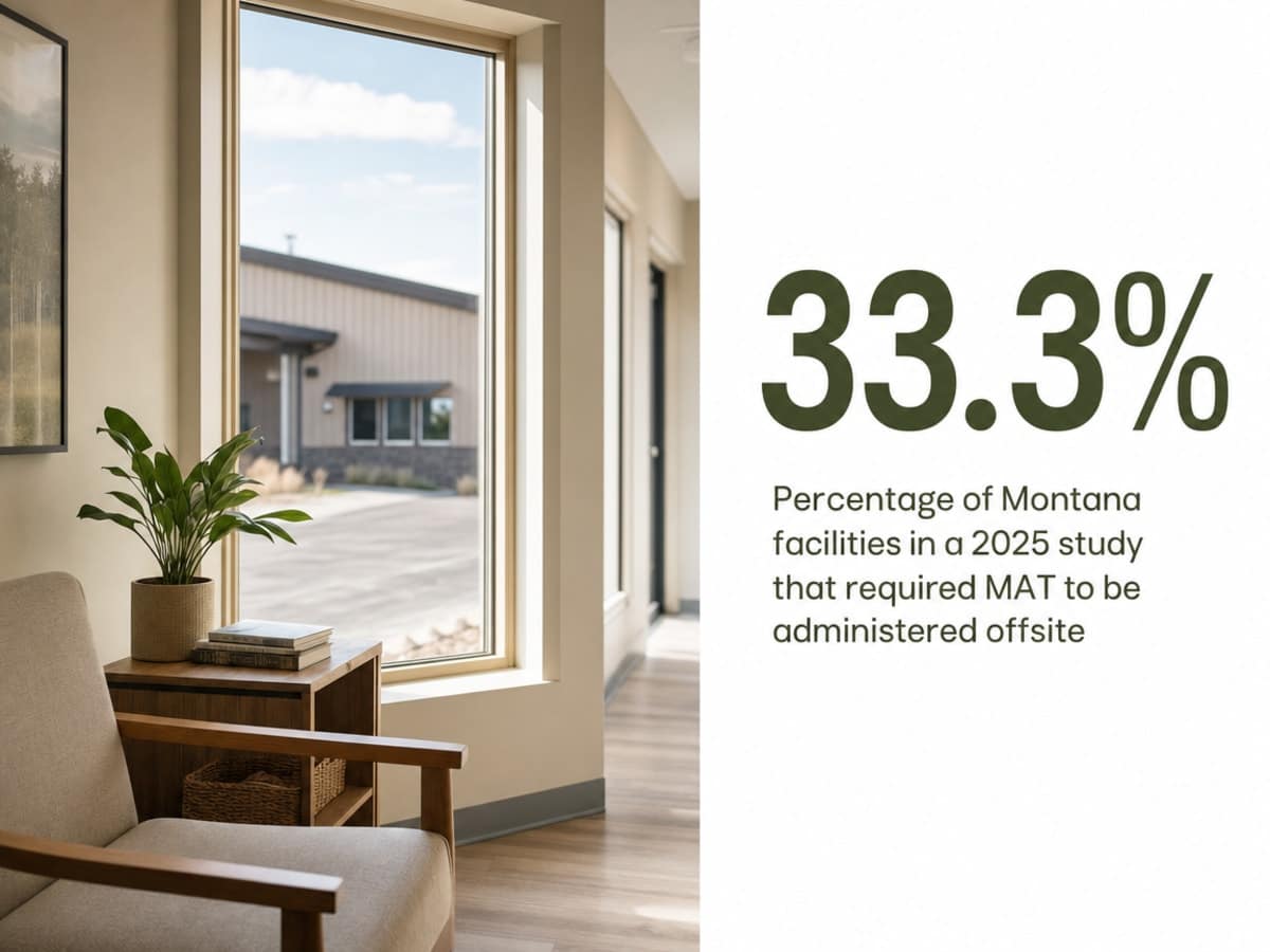 Infographic showing Percentage of Montana facilities in a 2025 study that required MAT to be administered offsite