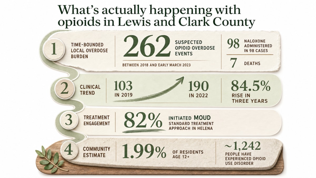 Visualize the local opioid burden and treatment engagement statistics cited directly in this section