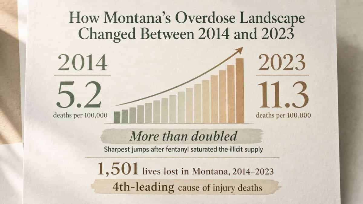 Visualize the more-than-doubling of Montana's opioid overdose death rate between 2014 and 2023, directly supporting the section's central data point
