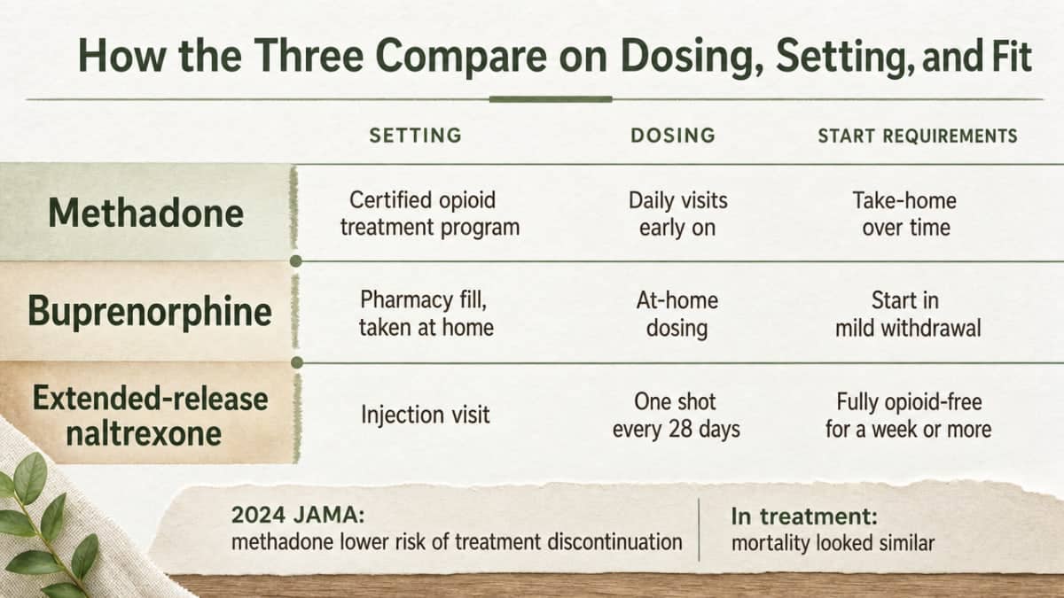 Compare the three FDA-approved MAT medications across setting, dosing frequency, and induction requirements as directly described in the section