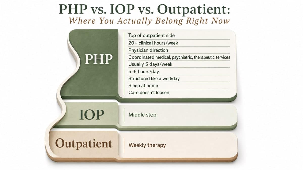 Visualize the care continuum comparison described in this section, showing weekly clinical hours and structural differences between PHP, IOP, and standard outpatient care