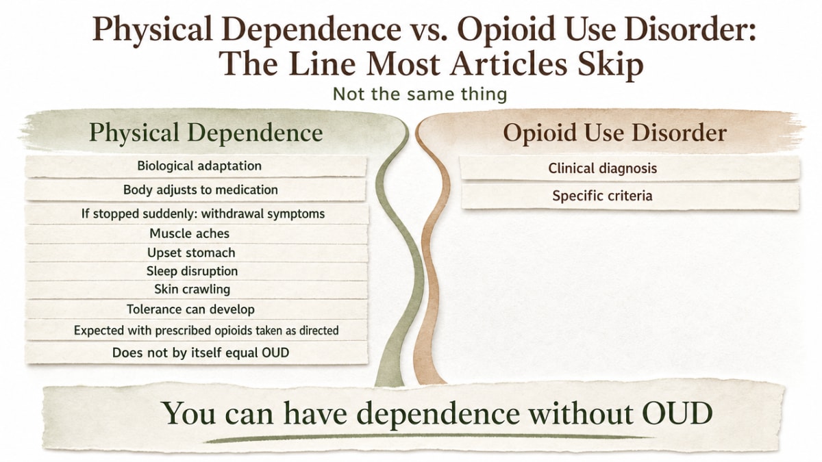 Clarify the distinction between physical dependence and opioid use disorder using the DSM/CDC criteria referenced in the section