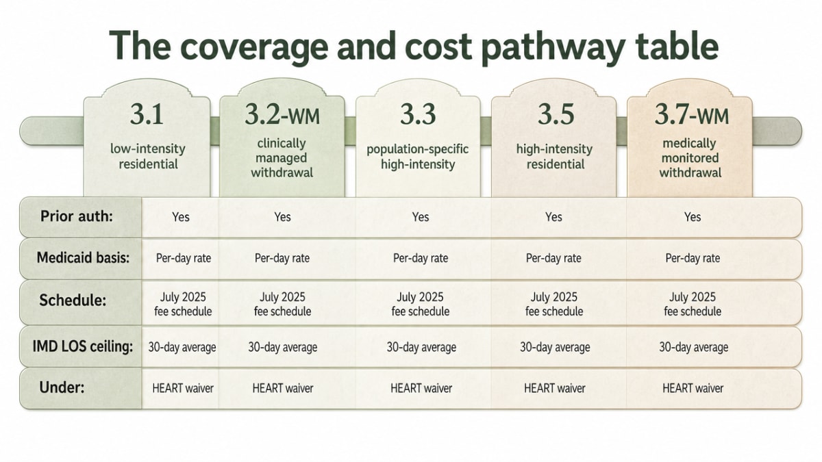 Reinforce the ASAM residential level comparison already presented as a table, visualizing the five levels with their shared requirements (prior auth, per-day Medicaid rate, HEART 30-day IMD average) in a scannable process/comparison format