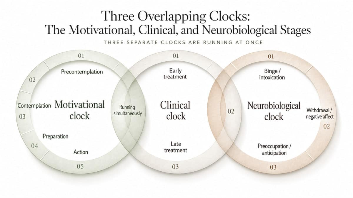 Visualize the three parallel stage models the section explicitly compares: motivational, clinical, and neurobiological clocks running simultaneously