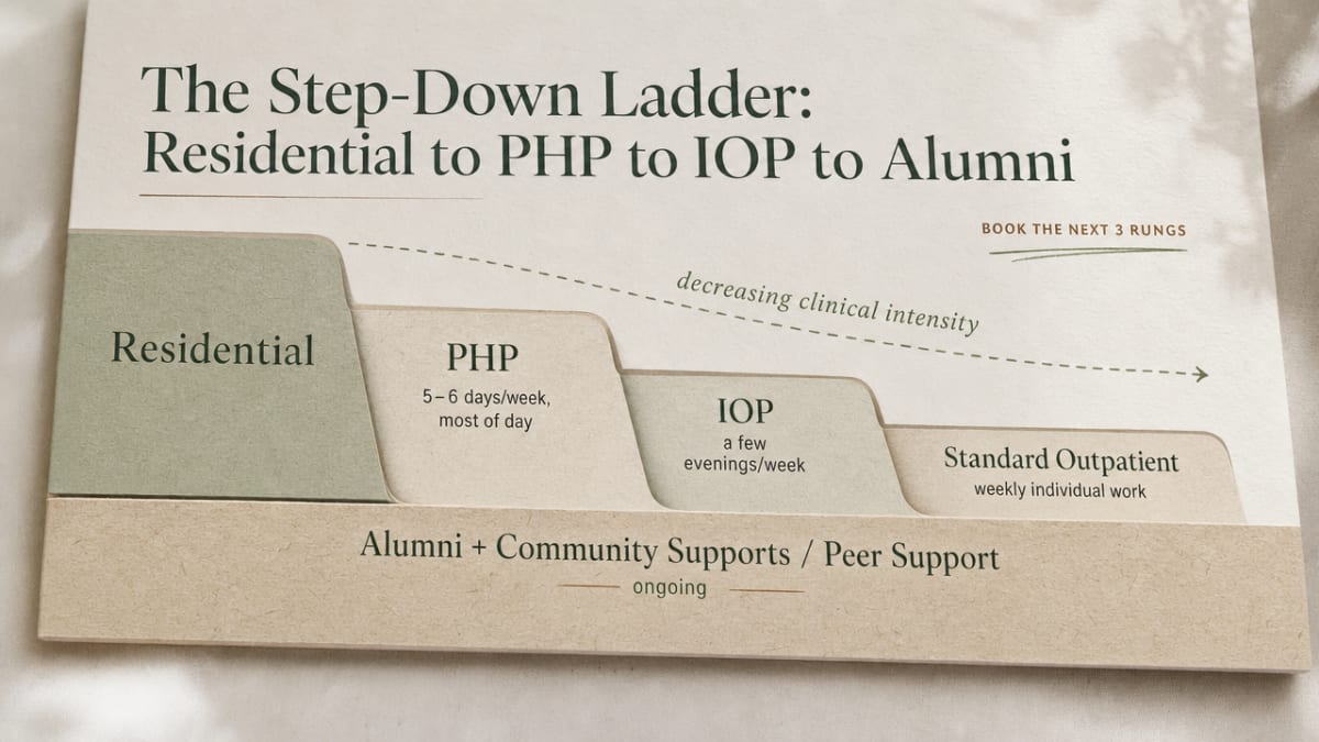 Visualize the continuing-care step-down ladder described in this section, showing decreasing clinical intensity across levels with the alumni/peer support layer running underneath