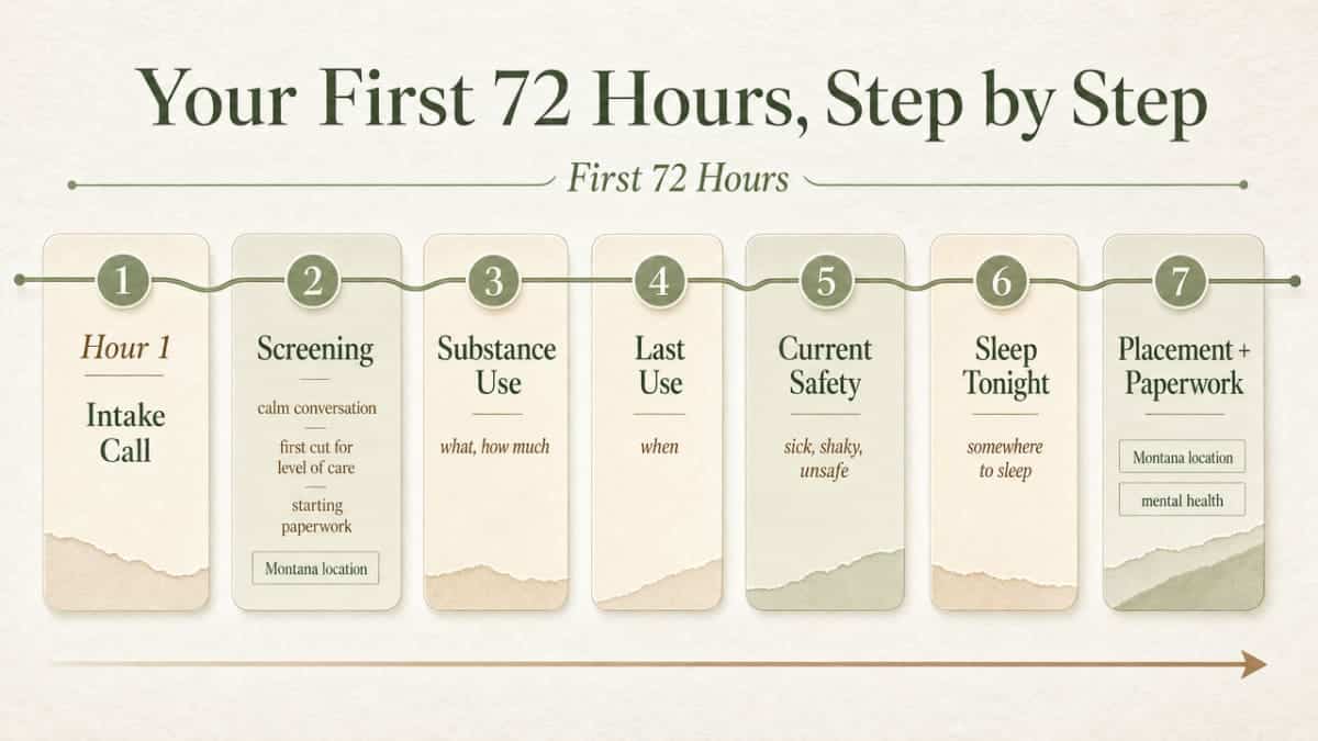 Visualizes the 72-hour admission sequence described in the section, mapping the seven cited steps from intake call to arrival and orientation