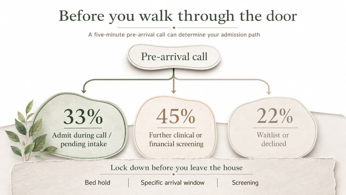Visualize the audit-study breakdown of residential admission pathways cited in this section, reinforcing why a pre-arrival call matters