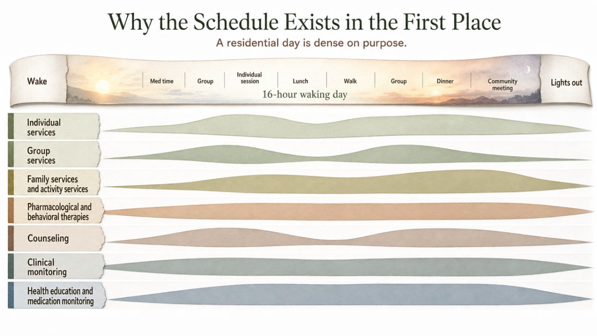 Visualize the seven service categories a residential program delivers in parallel, directly supporting the ASAM/Medicaid list cited in this section