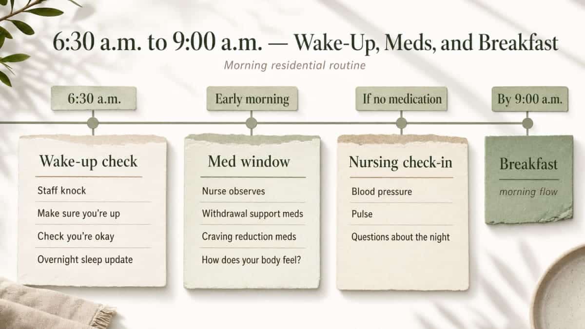 Timeline infographic mapping the full daily schedule described across sections, giving readers a single visual reference for the residential day's structure