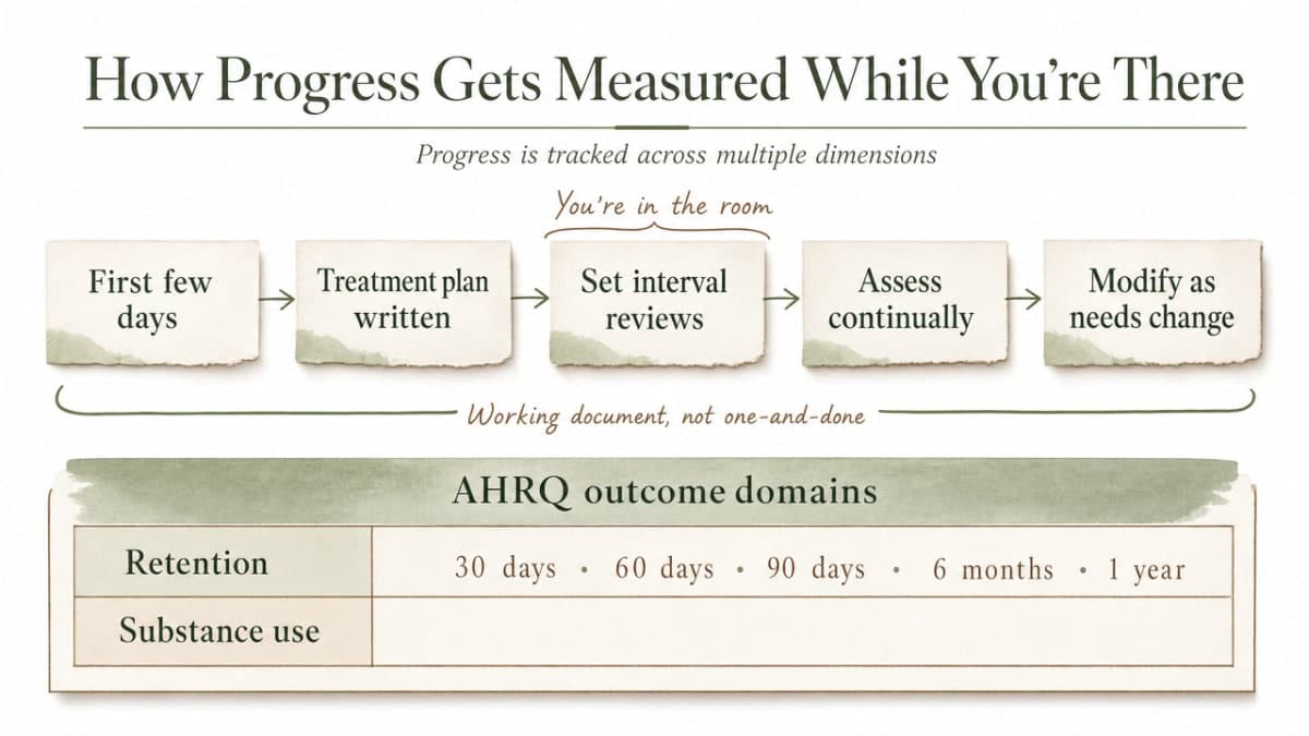 Framework infographic listing AHRQ's outcome domains cited in this section, reinforcing that progress is measured across multiple dimensions, not just abstinence