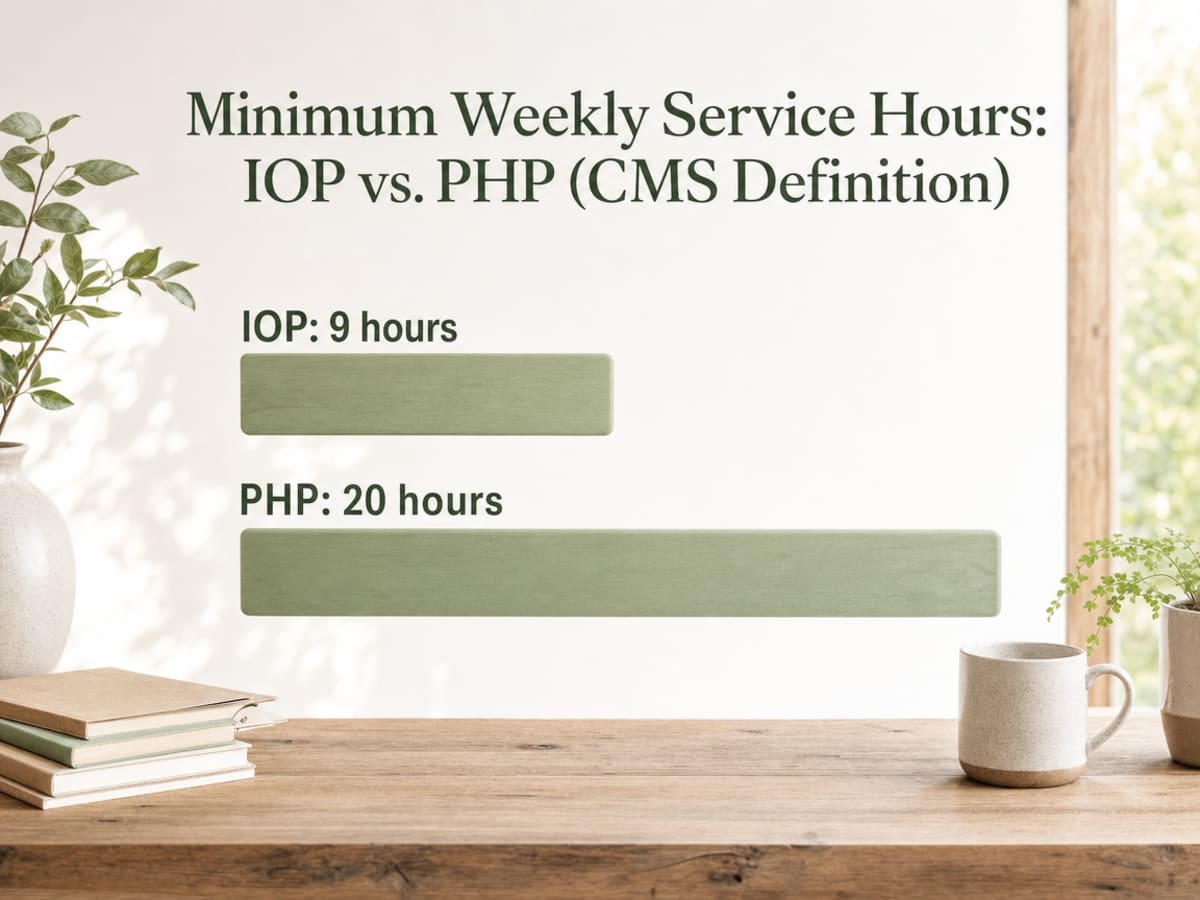 Chart showing Minimum Weekly Service Hours: IOP vs. PHP (CMS Definition)