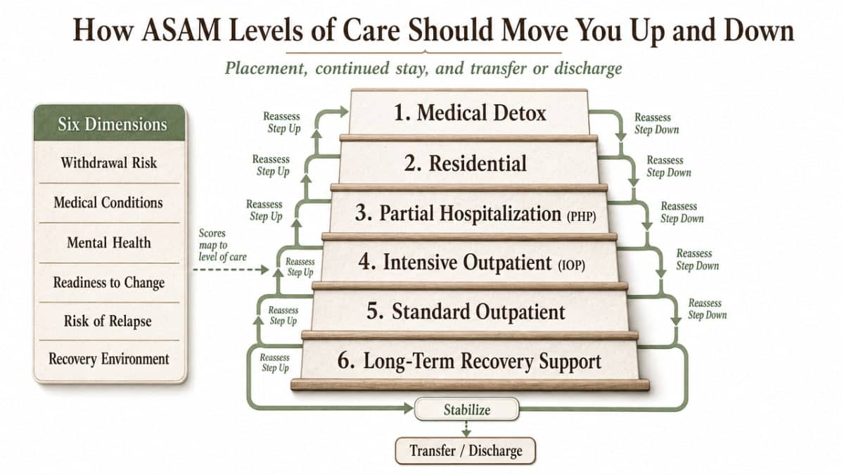 Process infographic visualizing the ASAM continuum of care ladder described in this section, showing how patients step up and down between levels based on reassessment