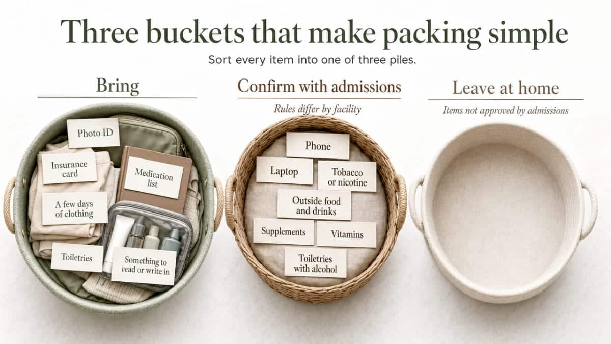 Visualize the three-bucket packing framework introduced in this section so readers can scan the sorting system at a glance