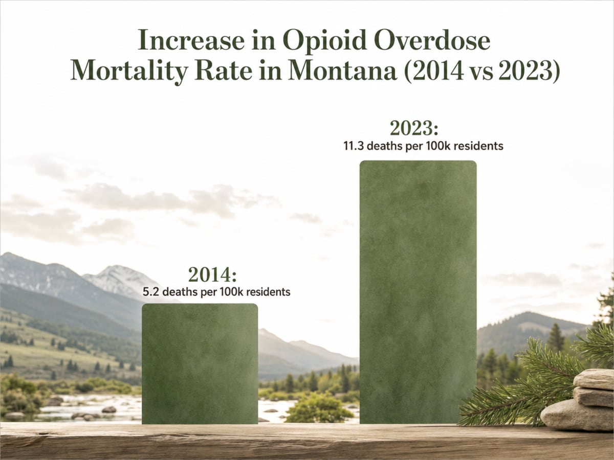 Chart showing Increase in Opioid Overdose Mortality Rate in Montana (2014 vs 2023)