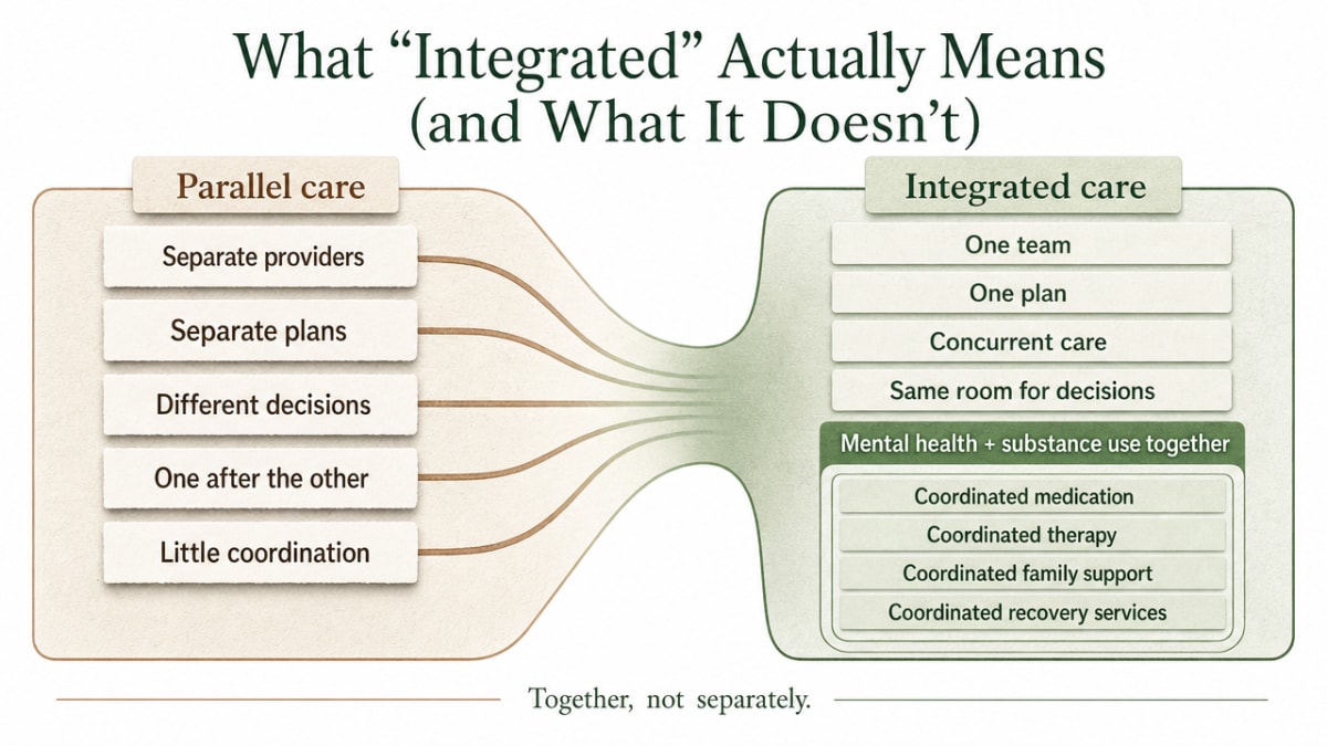 Visualize the comparison between integrated care and parallel care described in the section, helping readers distinguish real integration from programs labeled as integrated