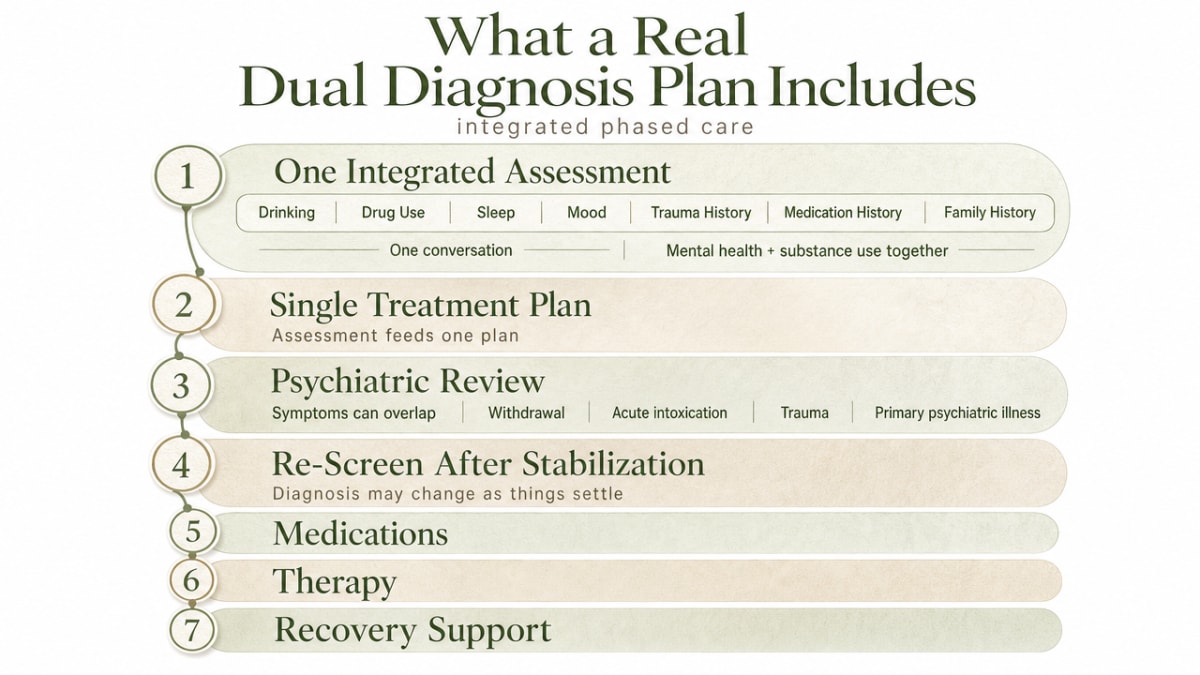 Process infographic showing the phased components of an integrated dual diagnosis plan as described across assessment, psychiatric review, medications, therapy, and recovery support subsections