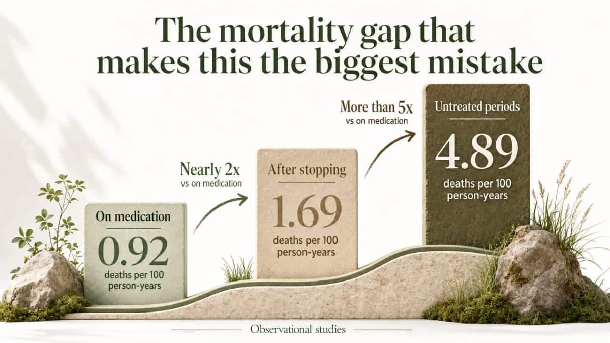 Visualize the stark mortality difference between being on medication, after cessation, and during untreated periods — the central argument of this section