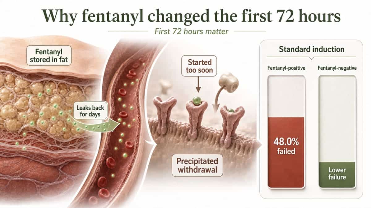 Show the dramatic gap in induction failure rates between fentanyl-positive and fentanyl-negative patients under standard induction, directly supporting the section's claim